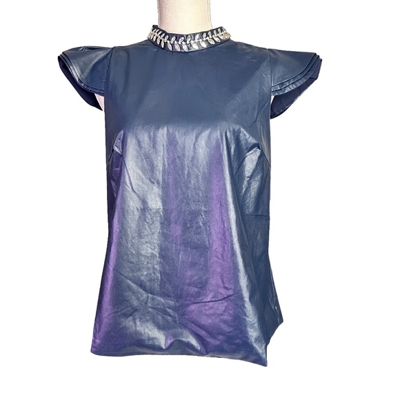 For Her NYC Tops - #A044  For Her NYC Royal Blue Faux Leather Top – Embellished Collar  Size M